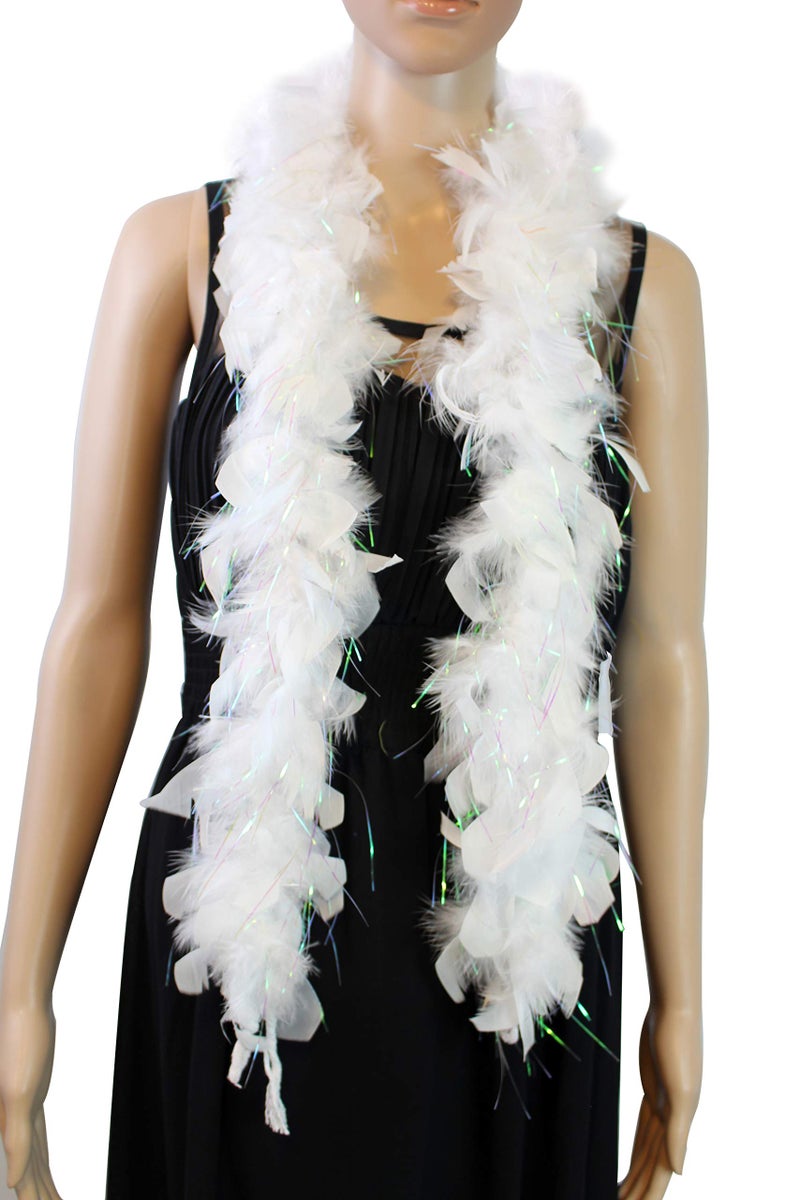 Flydreamfeathers 25 Gram, 4 Feet Long Chandelle Feather Boa, Great for Party, Wedding, Halloween Costume, Christmas Tree, Decoration (White) - Image 1